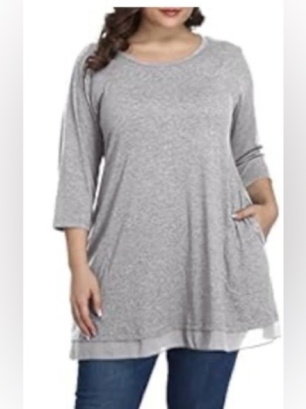 Shiaili light gray Long Tunic w hidden pockets & chiffon, 3X. NWT